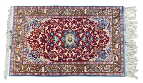 Fine Persian Isfahan Silk & Wool Hand-Knotted Rug with Animal & Floral Motifs