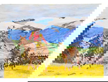 Western Mountain Scene Watercolor, Cowboy with Pack Horses, Signed “MBV ’78