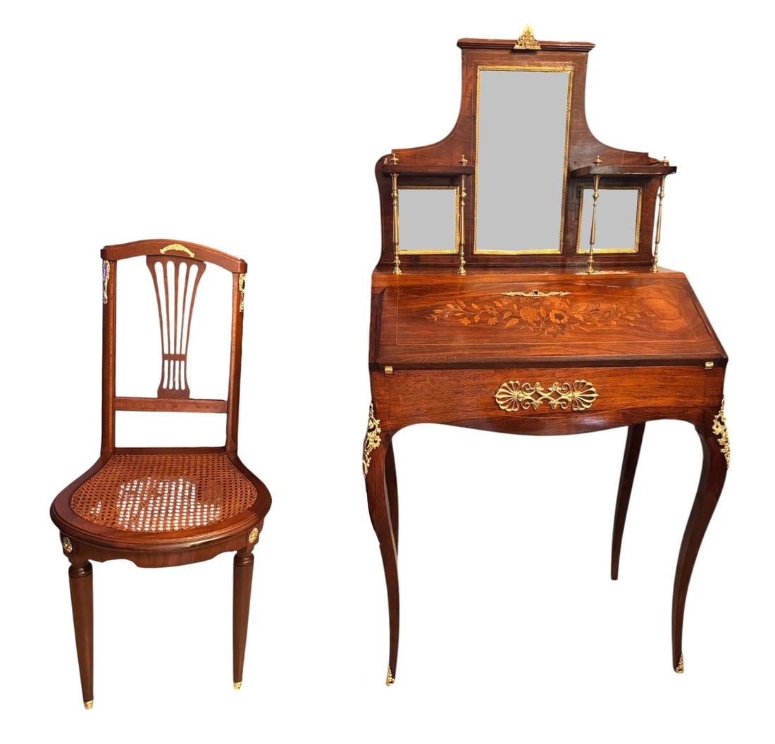 Louis XV-Style Marquetry Vanity Desk with Ormolu Mounts and Matching Chair (1 of 6)