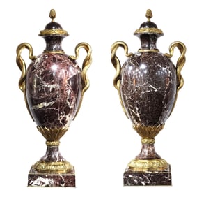 Pair of Neoclassical Rouge Marble & Gilt Bronze Covered Urns with Serpent Handles