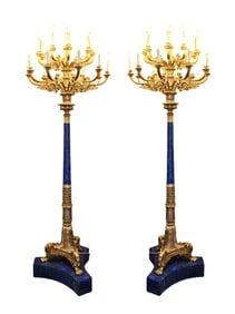 Pair of Large Heuvelmans Interiors Gilt Bronze and Lapiz Lazuli Torcheres