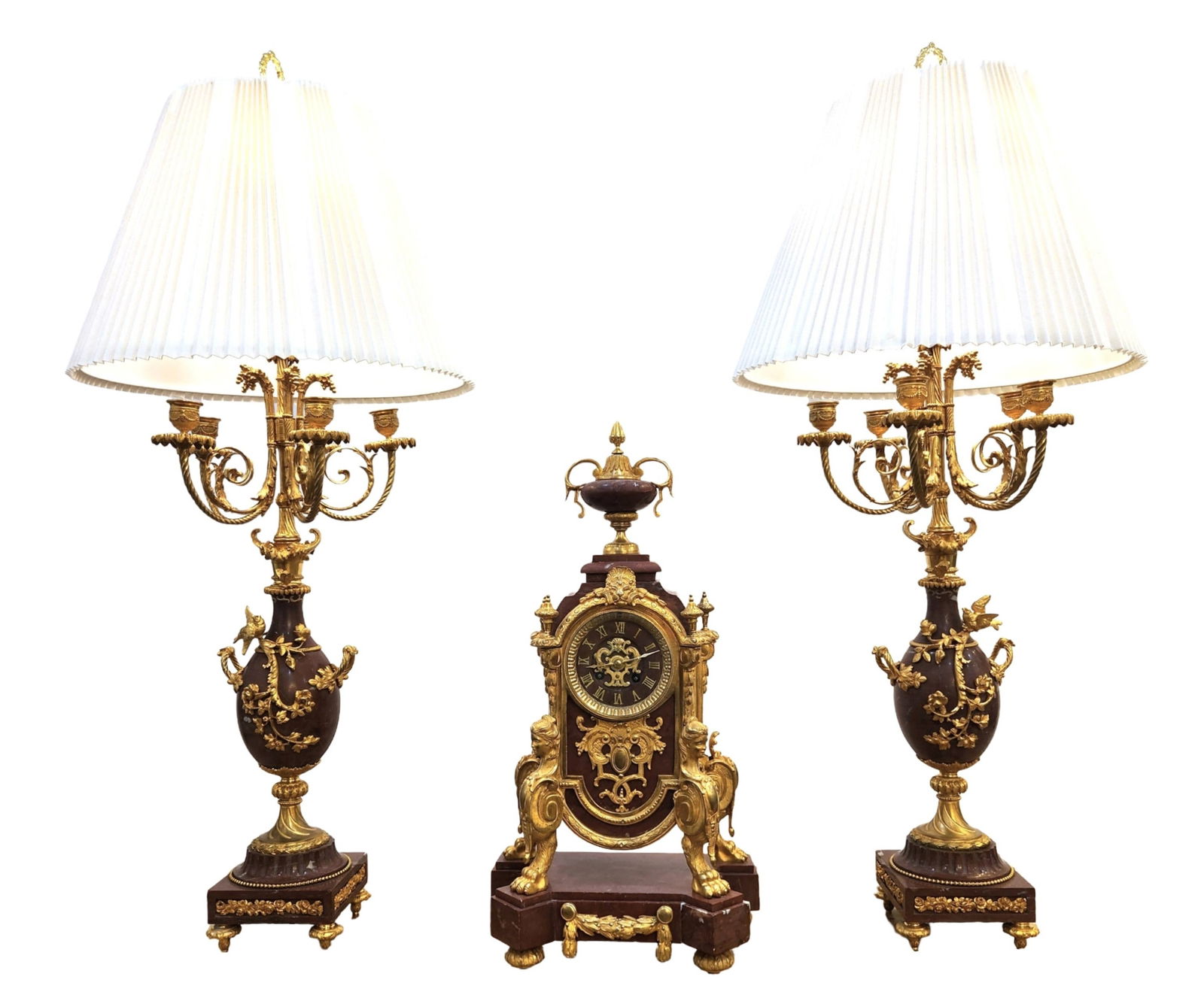 19th Century French Gilt Bronze & Marble Clock Garniture Set with Candelabra Lamps (1 of 13)