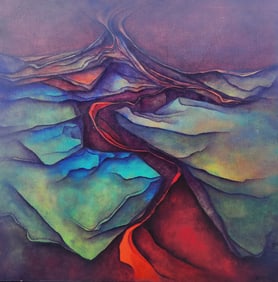 Abstract Expressionist Landscape Painting with Vivid Colors — Signed Illegibly