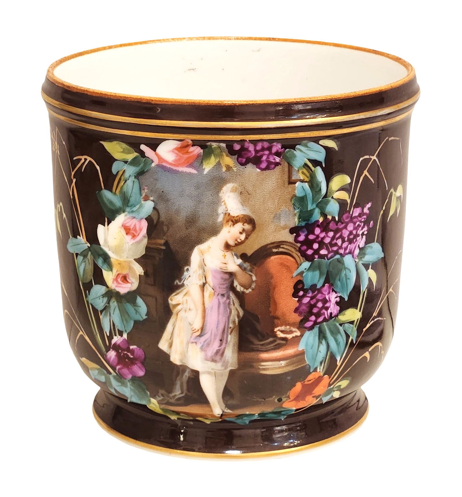 Porcelain Cachepot with Romantic Scene and Floral Decoration (1 of 2)