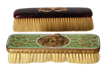 Pair of Antique Vanity Brushes – French Enamel & Faux Tortoiseshell with Gilt Detailing