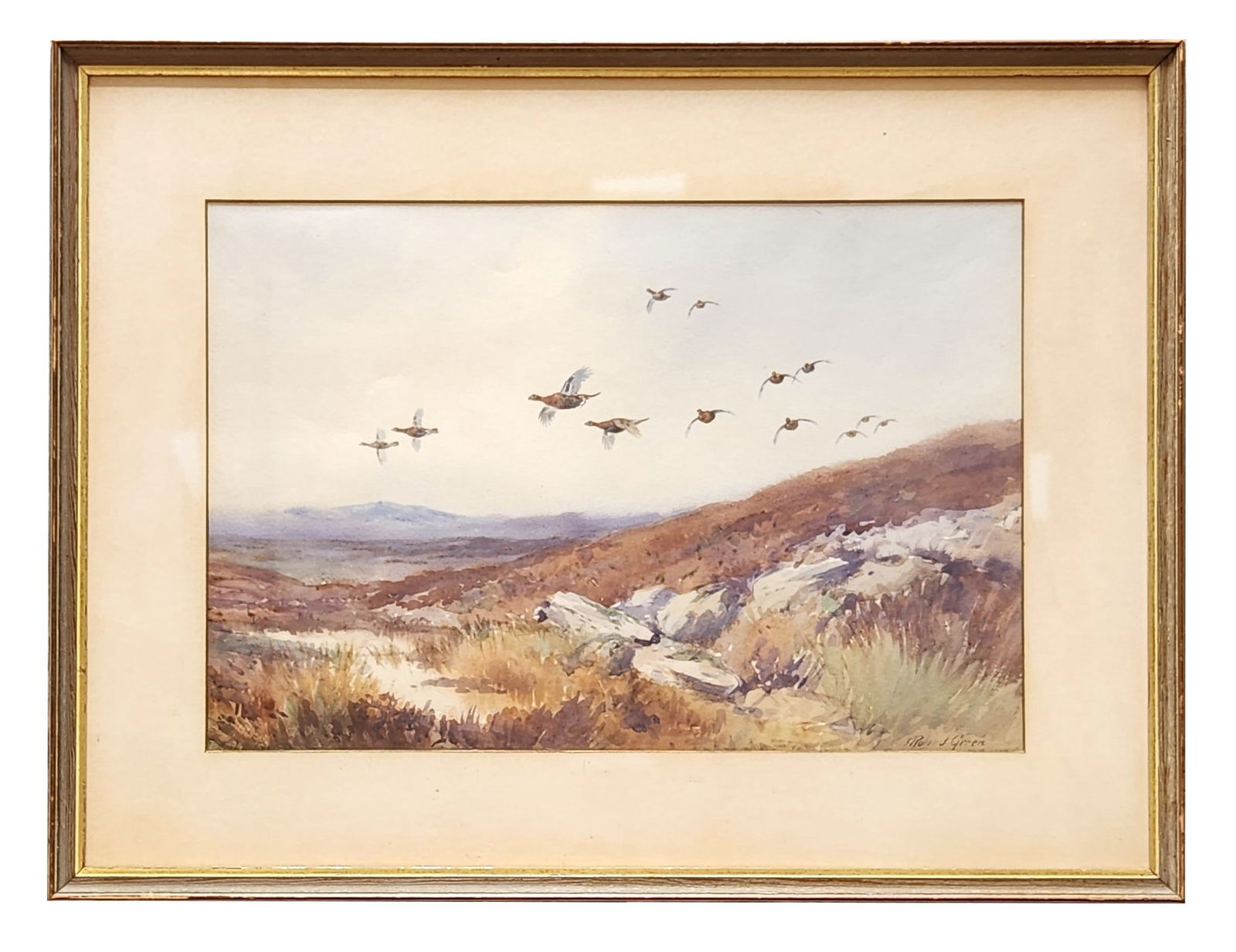 Roland Green (1896 - 1972) English: Roland Green (1896 - 1972) English Tile: Birds in Flight Over Marsh Watercolor on Paper Measure 11 3/4"in H x 17 1/2"in W and 18 1/2"in H x 24 1/4"in W framed Biog