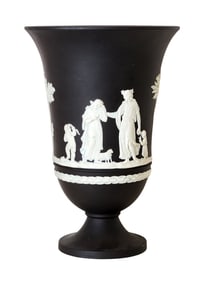 Wedgwood Black Basalt Jasperware Vase with Classical White Reliefs