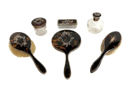 Antique English Silver and Faux Tortoiseshell Vanity Set – 6 Pieces