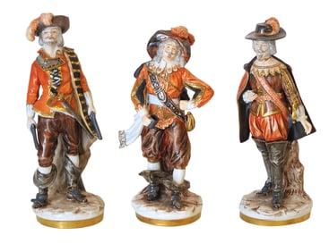 Set of 3 Volkstedt Porcelain Figurines – Musketeer Figures, Hand-Painted with Gilding