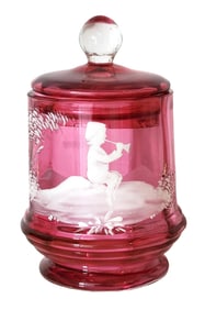 Antique Cranberry Glass Covered Jar with Etched Floral Decoration