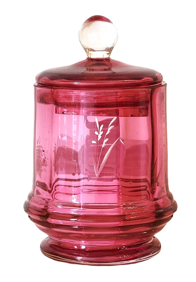 Antique Cranberry Glass Covered Jar with Etched Floral Decoration (1 of 3)