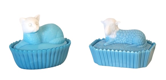 Pair of Vintage Blue Milk Glass Covered Dishes: Cat and Lamb Forms