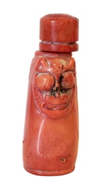 Antique Carved Red Coral Snuff Bottle with Mask Motif, Mid-20th Century