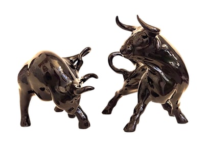 Two Mid Century Ceramic Glossy Fighting Bull Figurine From 1970s