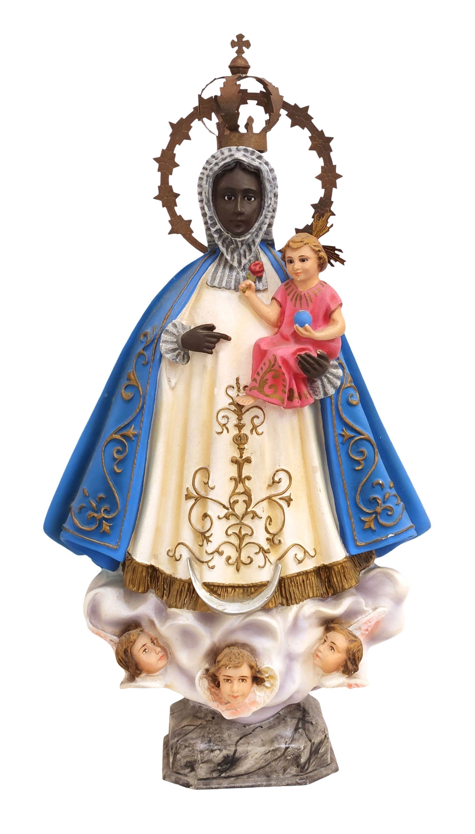 Hand-Painted Statue of Our Lady of Regla with Child Jesus: Devotional statue of Our Lady of Regla (Nuestra Señora de Regla) holding the Child Jesus. The Virgin is depicted with a dark complexion, dressed in a flowing cream robe with golden motifs, and a blue