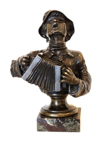 Antique Bronze Bust Musician Accordion in Marble Vase