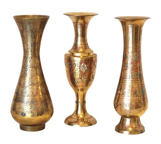 Set of 3 Vintage Etched Brass Vases – Hand-Engraved India Art, Mixed Sizes