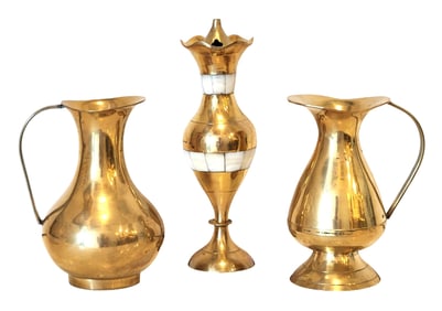 Collection of 3 Vintage Brass Vessels / Pitchers – Middle Eastern / Indian Decorative Lot