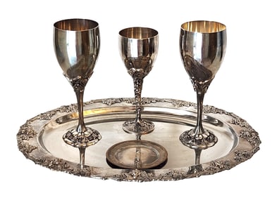 Vintage Silver-Plated Goblet Trio With Ornate Serving Tray – Grape & Vine Motif