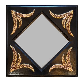 Square Black Lacquer Wall Mirror with Gilt Leaf Corner Motifs