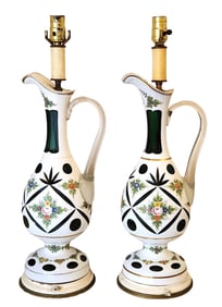 Pair of Antique Bohemian Overlay Glass Ewer Lamps, Hand-Painted Floral Decoration