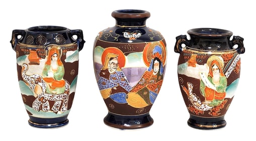Set of 3 Vintage Japanese Satsuma Moriage Vases, Hand-Painted, Made in Japan