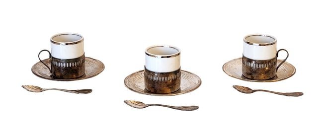 Set of 3 Brazilian Silverplate Espresso Cup Sets with Porcelain Inserts, Bellini & Veracruz