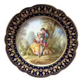 French Sevres Hand-Painted Porcelain Plate with Cobalt Border, Signed Boucher