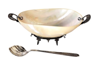 Antique Mother-of-Pearl Serving Bowl on Silver Filigree Stand with Matching Spoon