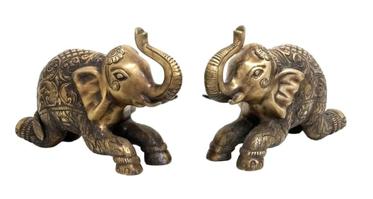 Pair of Ornamental Brass Elephants with Raised Trunks, Indian Decorative Art