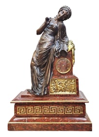 19th Century French Bronze Figural Mantel Clock with Rouge Marble Base