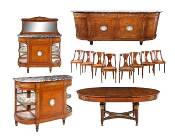 A French Gilt Bronze and Jasperware Mounted Burlwood Dining Suite