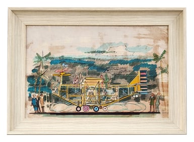 Original 1908 Cuba Carnival Float Design Drawing, Early Aviation Theme