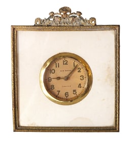 Antique New Haven Clock in Ormolu Frame with Silk Backing – Early 20th Century