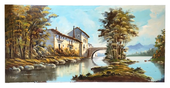 Large Signed Oil Painting by T. Inigo – Riverside Village & Stone Bridge