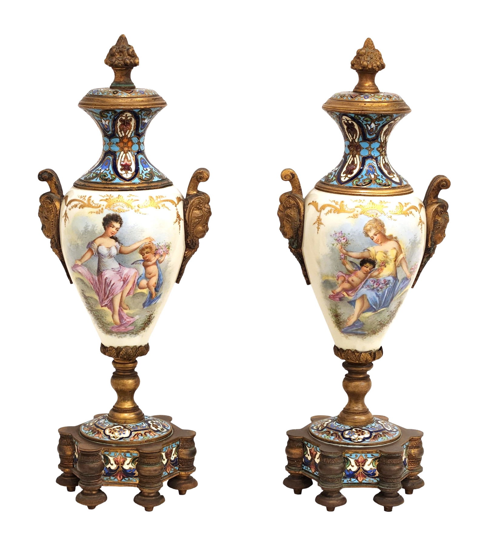 Pair of Sevres Hand-Painted Porcelain and Enamel Urns with Gilt Bronze Mounts (1 of 11)