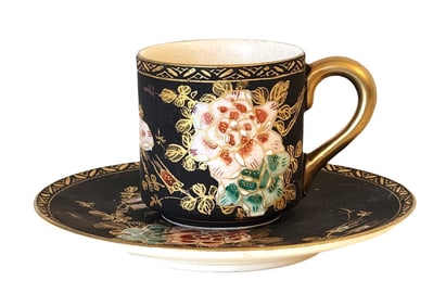 Antique Hand-Painted Moriage Nippon Demitasse Cup & Saucer – Black Ground with Floral & Gilt