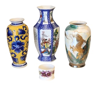 Charming mixed lot of four hand-painted porcelain vases, including Asian and European pieces. The