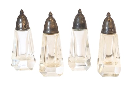 Set of Four Vintage Crystal Salt & Pepper Shakers with Silver Tops