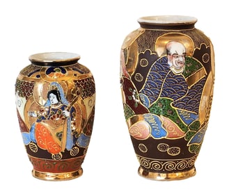 Two Vintage Japanese Satsuma-Style Hand-Painted Vases with Gilt and Enamel Detailing