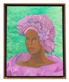 Portrait of an Elegant Woman in Lavender Headdress – Signed Original Painting