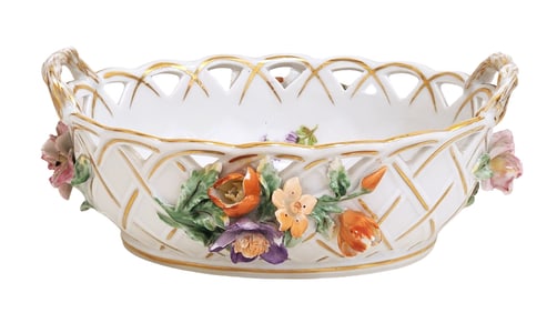 German Porcelain Floral Basket, Dresden Style