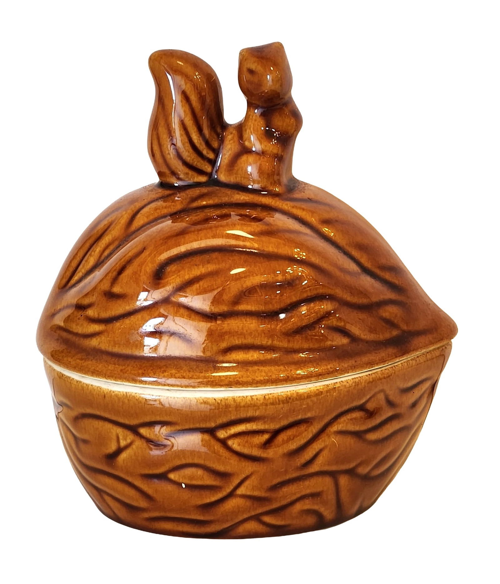 Vintage Ceramic Squirrel-on-Walnut Trinket Box – Made in China: Charming vintage ceramic trinket box shaped like a walnut with a small squirrel finial perched on the lid. The piece is finished in a warm amber-brown glaze with molded texture resembling a walnut she