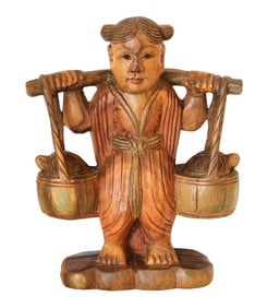 Carved Wood Figure of a Child with Carrying Pole, 20th Century