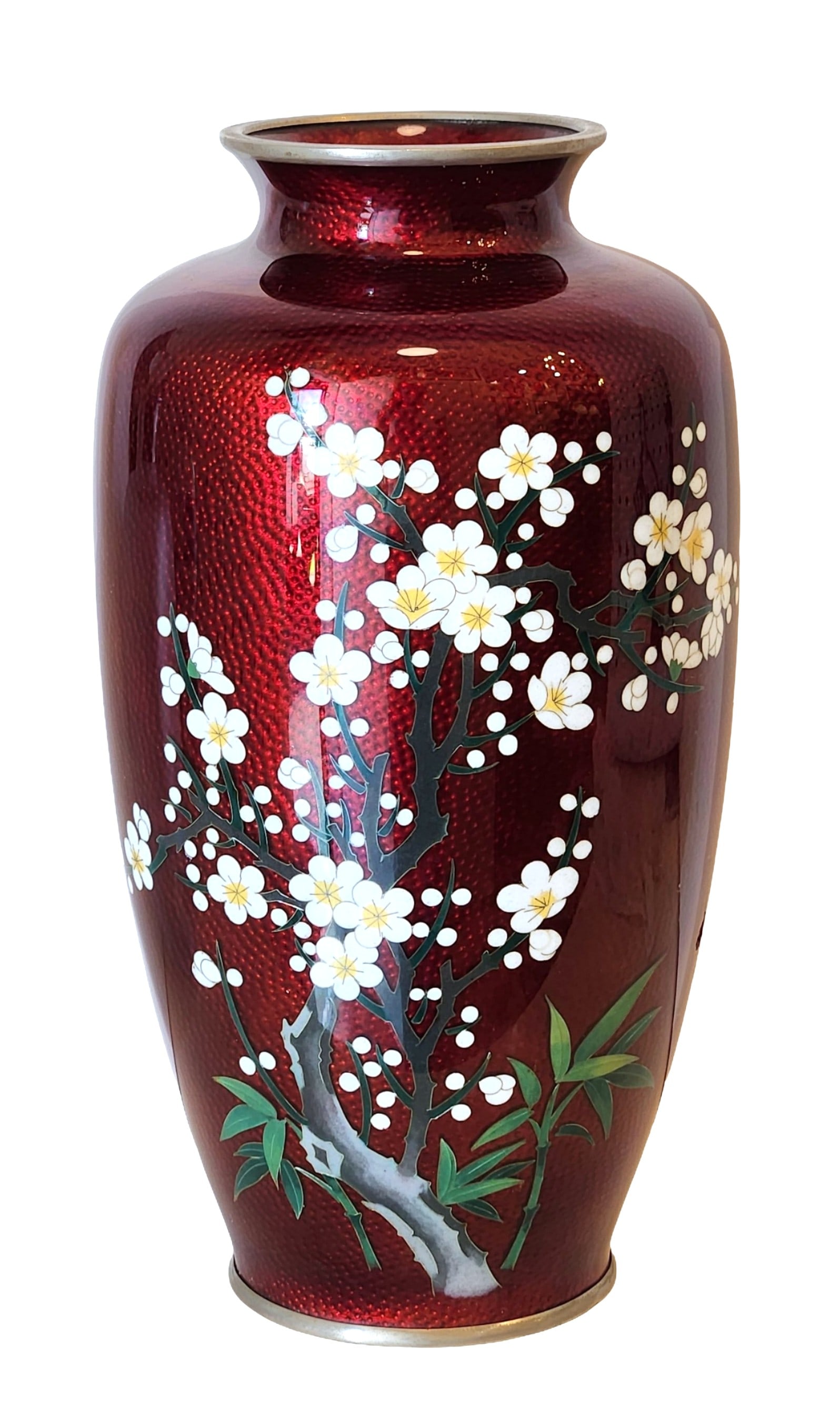 Japanese Cloisonné Vase with Plum Blossom Design on Red Ground (1 of 3)