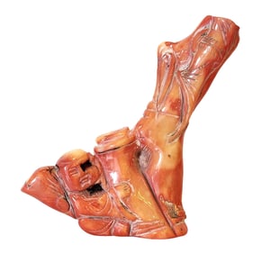 Antique Carved Red Coral Figure with Scholar and Bamboo Motif, Mid-20th Century