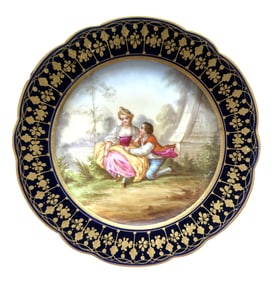French Sevres Hand-Painted Porcelain Plate with Cobalt Border, Signed Boucher