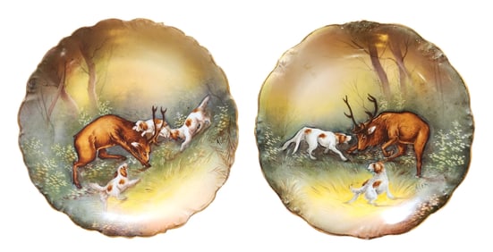 Pair of Hand-Painted Limoges Porcelain Hunting Scene Plates, Signed, Elite France, ca. 1900