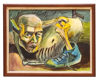Surrealist Composition with Head, Bone, and Shoe, Oil Painting , Illegibly Signed, 1995