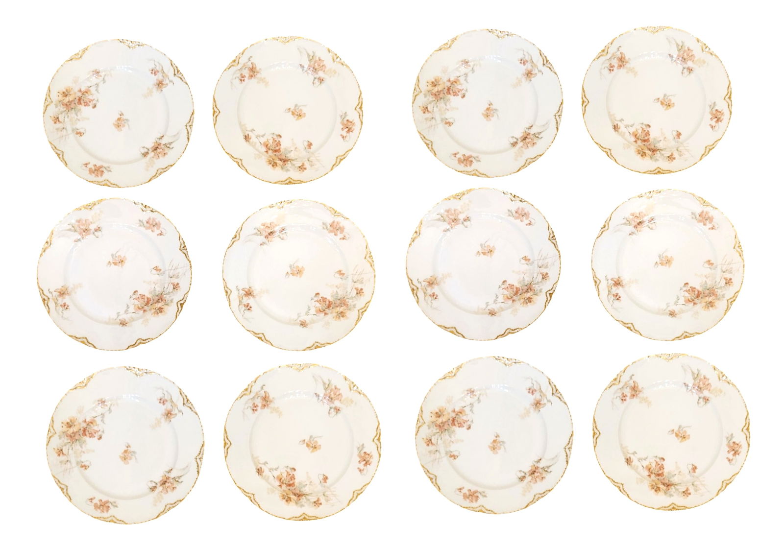 Set of 12 Haviland Limoges Porcelain Dinner Plates with Floral & Gilt Decoration: Beautiful set of twelve Haviland & Co. Limoges porcelain dinner plates, made in France for Booth & Walker, Bradford. Each plate is decorated with delicate floral sprays in soft pink and peach tones, a